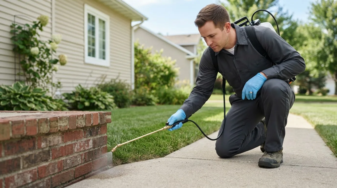 Pest control technician treating a home near Puyallup, WA